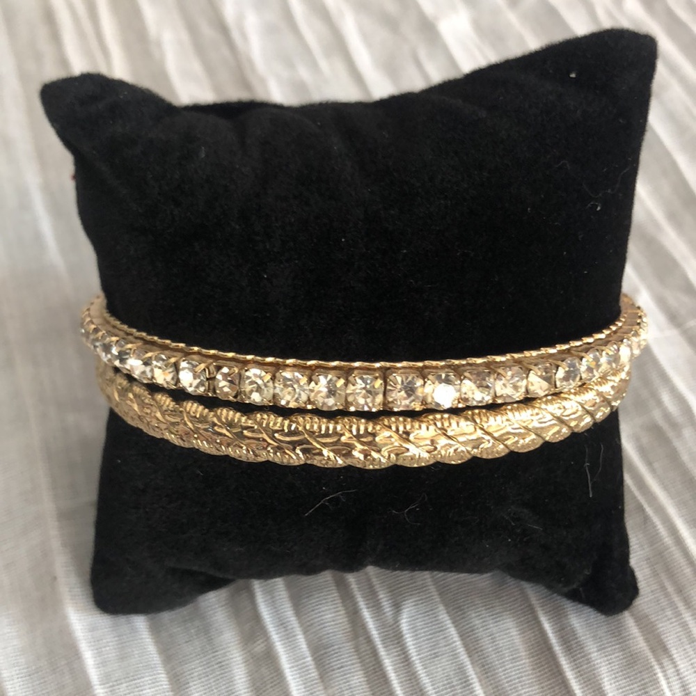 Gold braided & faux diamond studded bangle bracelets & thin delicate tennis - Picture 4 of 10
